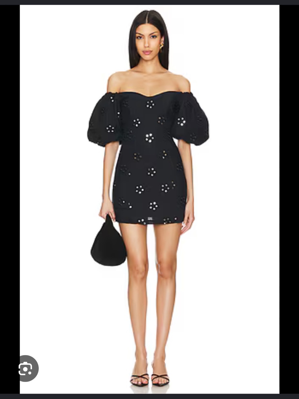 RHODE Black Off-Shoulder Puff-Sleeve Mini Dress
